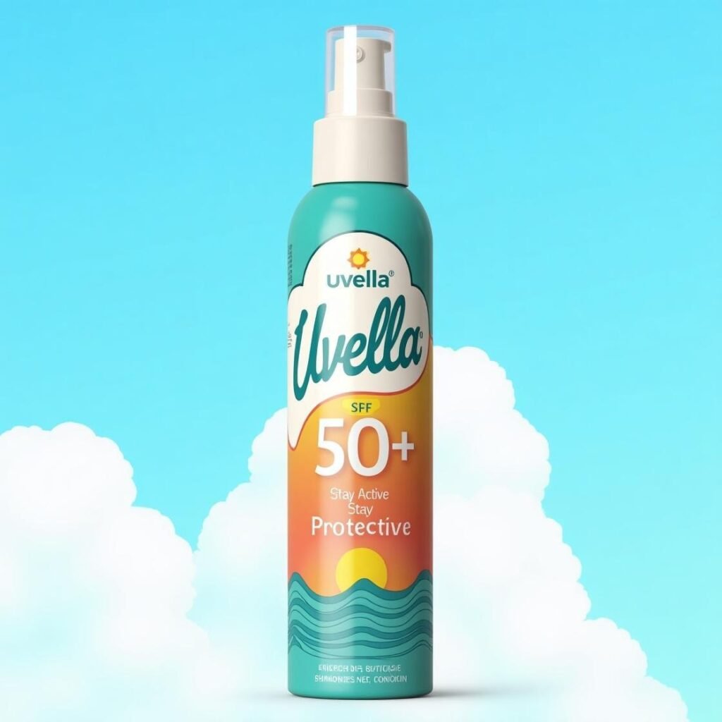 sunblock spray merek Uvella dengan SPF 50+ berdiri tegak dengan latar belakang langit biru cerah dan awan putih. Design botol yang berwarna gradasi biru ke orange dengan illustrasi matahari terbenam dan ombak di bagian bawah. Terdapat teks pada botol yaitu "Stay Active, Stay Protective"